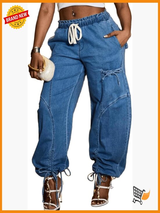 Denim - Plus Size Wide Leg Baggy Jeans Elastic Waist Denim Pants with Pockets